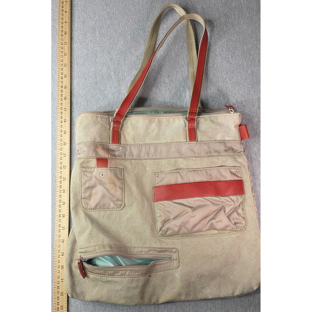 Tommy Bahama Tan Canvas Nylon Utility Tote Bag Red Leather Trim Multi-Pocket